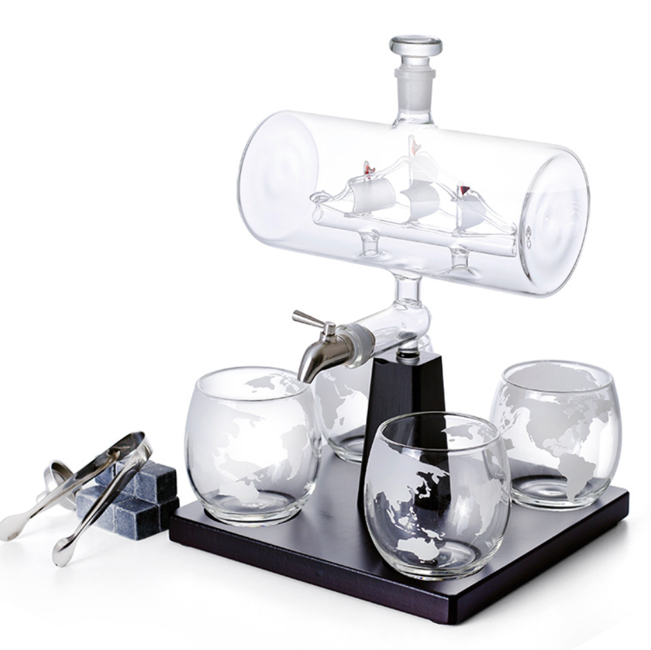 Glass Sailing Wine Decanter Set – World Map Bottle with 4 Glasses