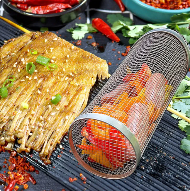 Rolling BBQ Grill Basket – Stainless Steel Mesh Grilling Cage