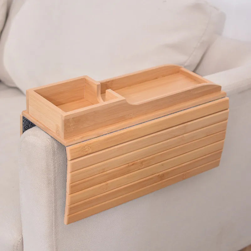 Bamboo Sofa Armrest Tray – Foldable Snack & Drink Table