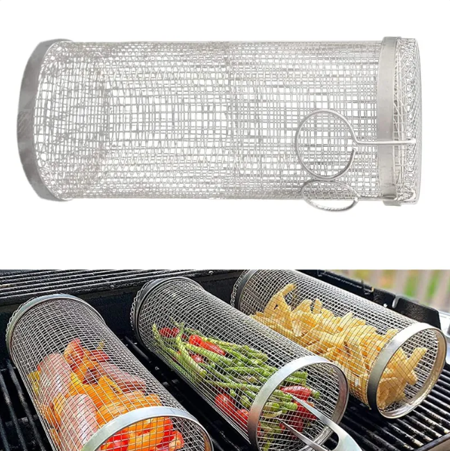 Rolling BBQ Grill Basket – Stainless Steel Mesh Grilling Cage