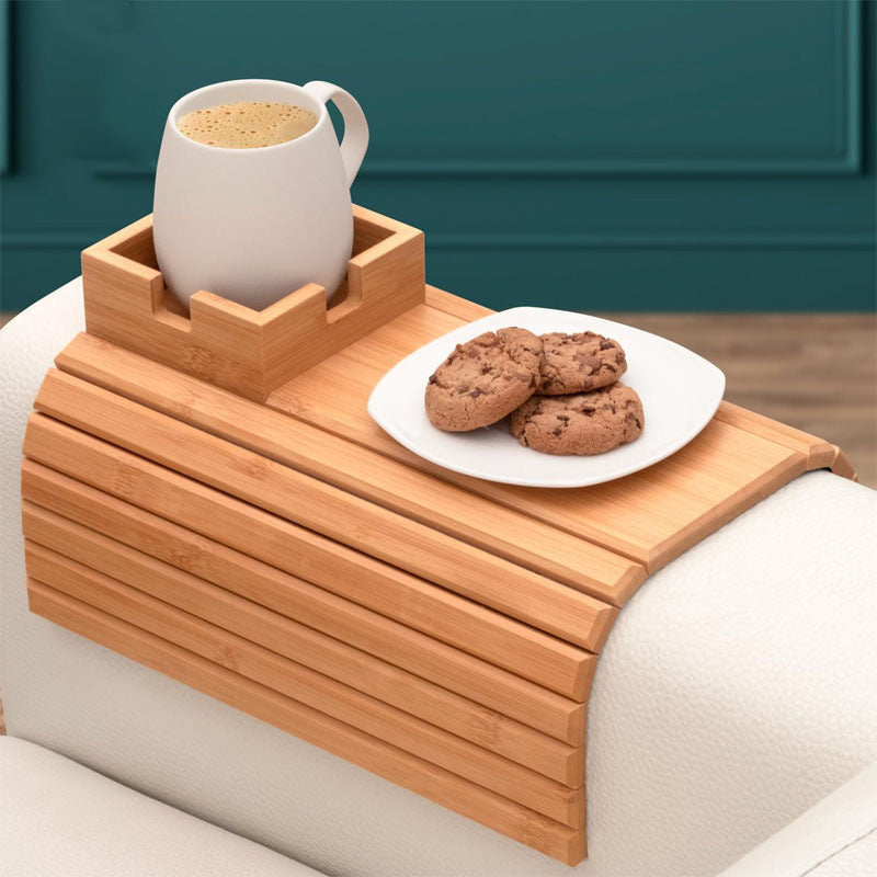 Bamboo Sofa Armrest Tray – Foldable Snack & Drink Table
