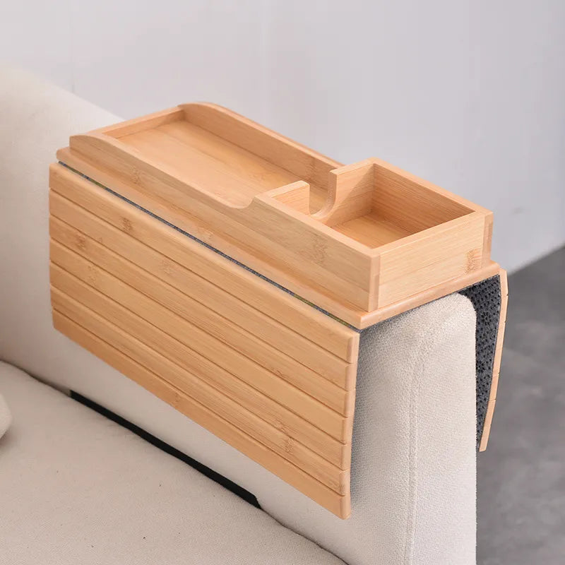 Bamboo Sofa Armrest Tray – Foldable Snack & Drink Table