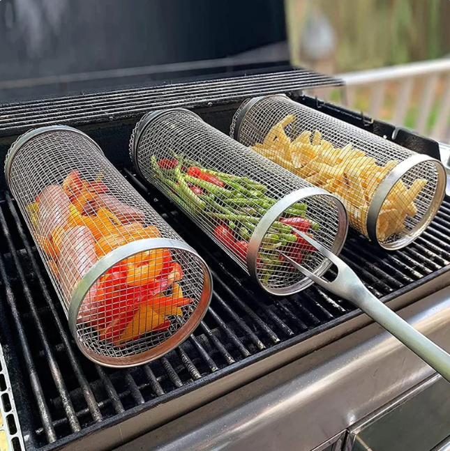 Rolling BBQ Grill Basket – Stainless Steel Mesh Grilling Cage